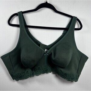Cacique 52D Wireless Comfort Bra Olive Green Lace Trim Full Coverage Plus Size